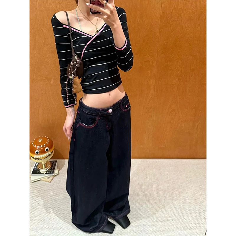

Women Vintage Gradient Y2k Jeans Autumn 2025 High Waisted Straight Denim Pants Streetwear Loose Baggy Wide Leg Trousers