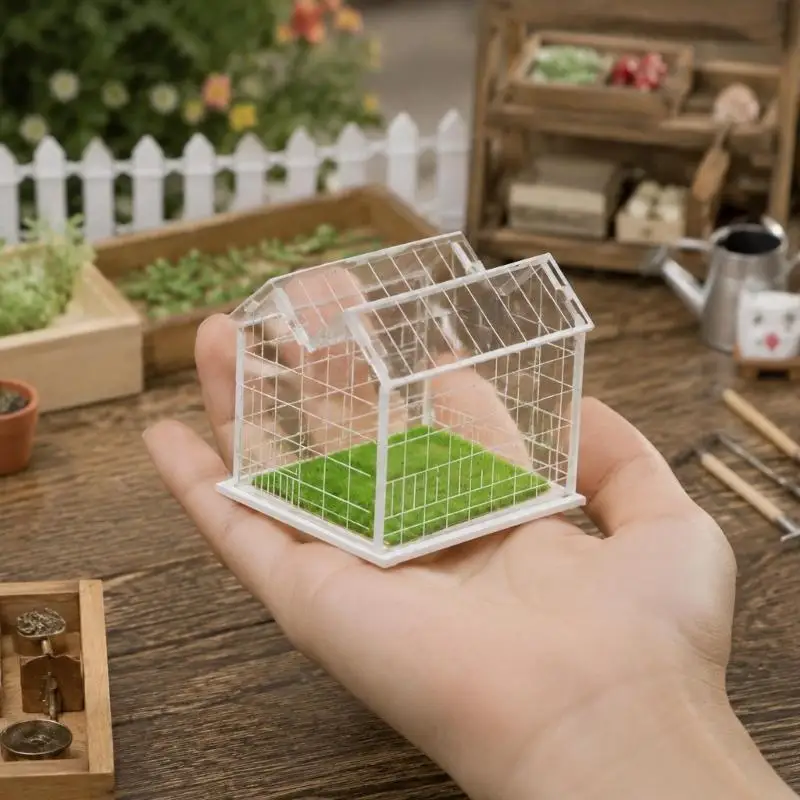 Transparent Miniature Greenhouse Model with Sloped Roof Frame for Decorative Landscape and Desktop Scene Building 37JD