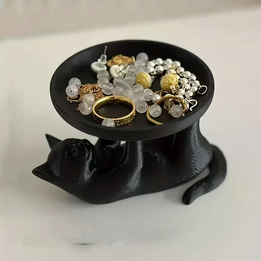 3D Printed Cat Jewelry Storage Tray Desktop Ornament Creative Animal Desk Organizer Home Office Craft Gift for Girls