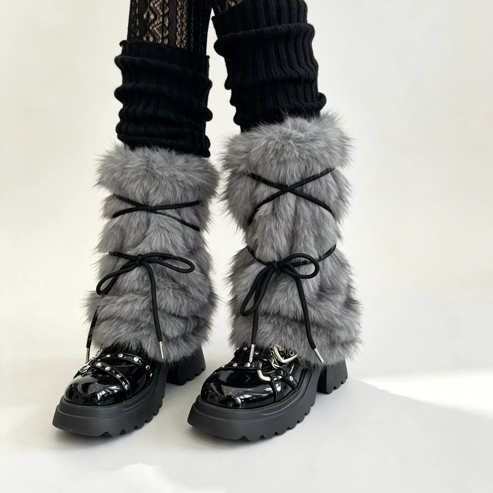 Fluffy Faux Fur Leg Warmers Criss‑cross Bow Lace‑up Gothic Y2K Harajuku Winter Plush Leg Covers Party Daily Cosplay Wear view 2