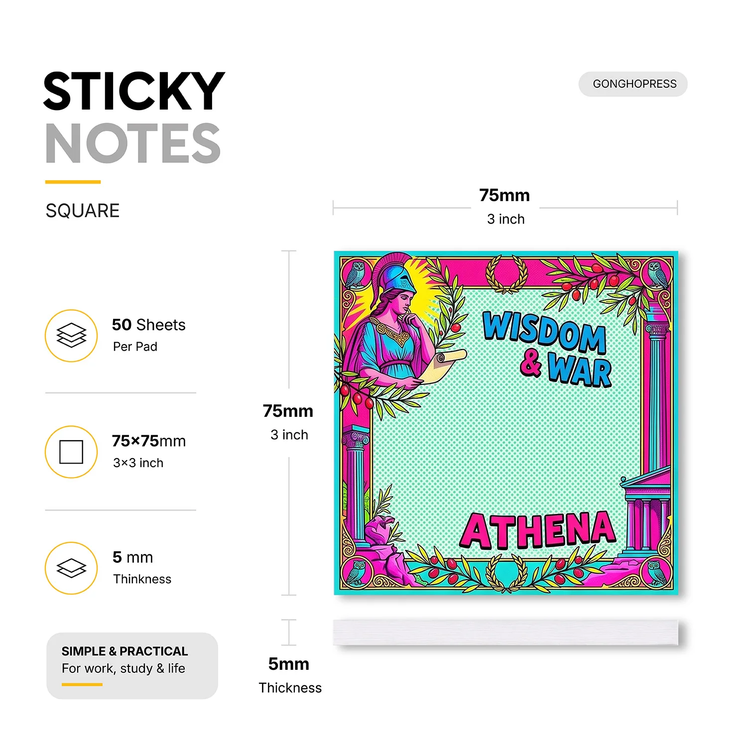 2pcs Athena Sticky Notes, Greek Mythology Goddess Memo Pads, 100 Sheets Total, Wisdom and War Themed Removable Self-Adhesive