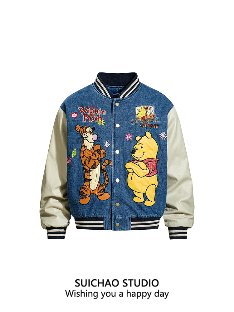 

Suichao American Retro Sle Winnie the Pooh Baseball Jaet Thiened Warm Loose Coat Workwear 's Jaet Cotton Long Sl...