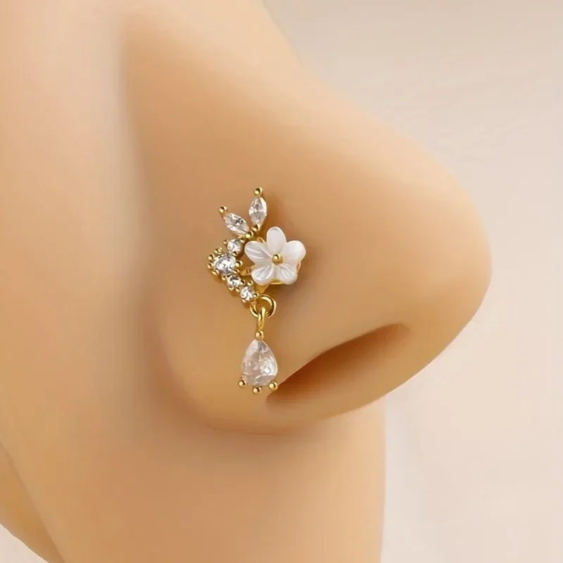 12pc Nose Rings Nose Stud Rings L Shaped Nose Stud Nose Ring Studs Flower Heart Butterfly Moon CZ Dangle  Body Piercing Jewelry view 5