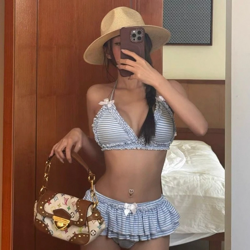 Kawaii Mädchen-Badeanzug, blau, weiß gestreift, mit Rüschen, Push-up-Röcke, Unterteil, Bikini-Set, Strand-Bademode, Urlaubs-Badeanzug