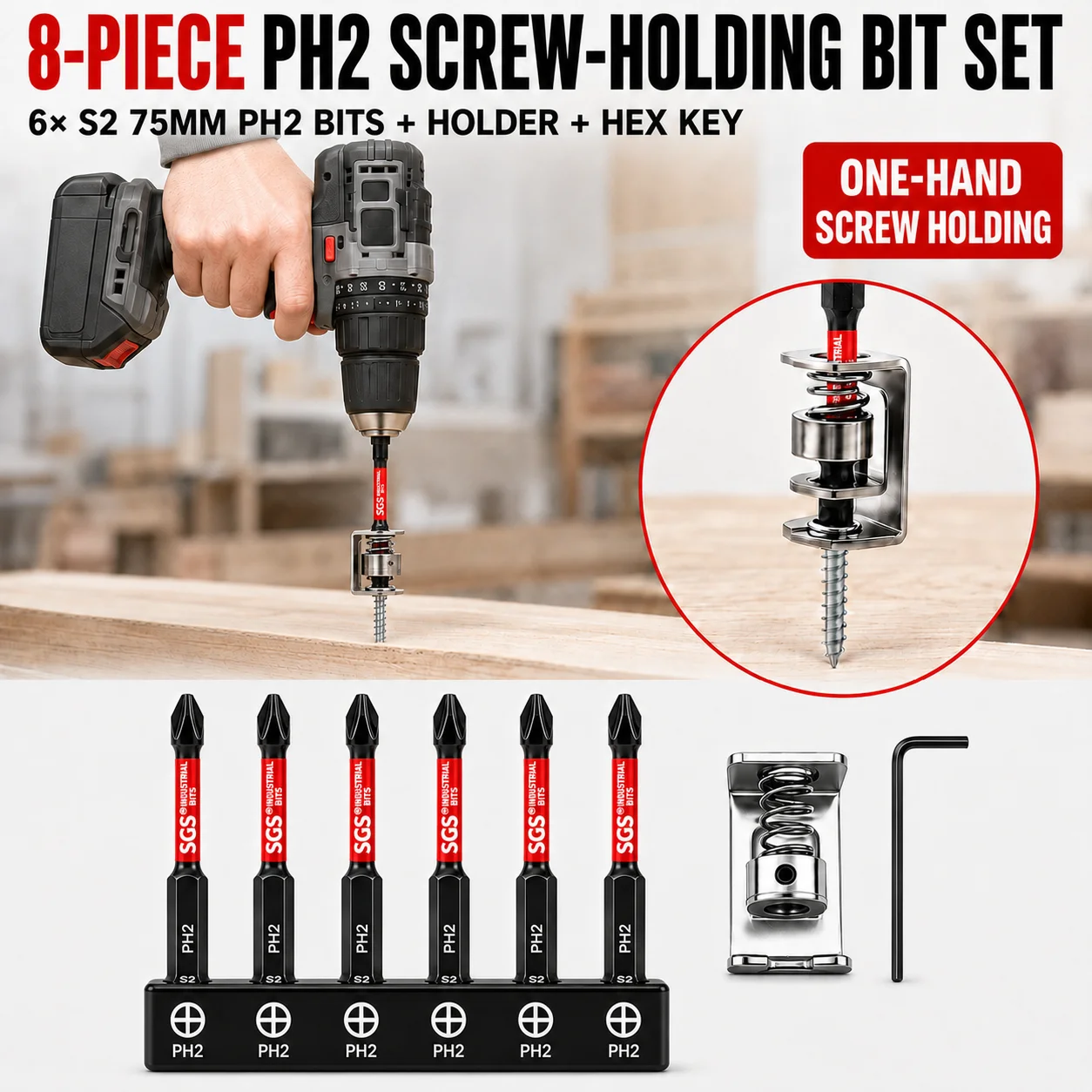 8PCS PH2 Screwdriver Bit Set 75mm S2 Steel Magnetic Impact Driver Bits with Spring Loaded Bit Holder Base and Mini L Hex Wrench