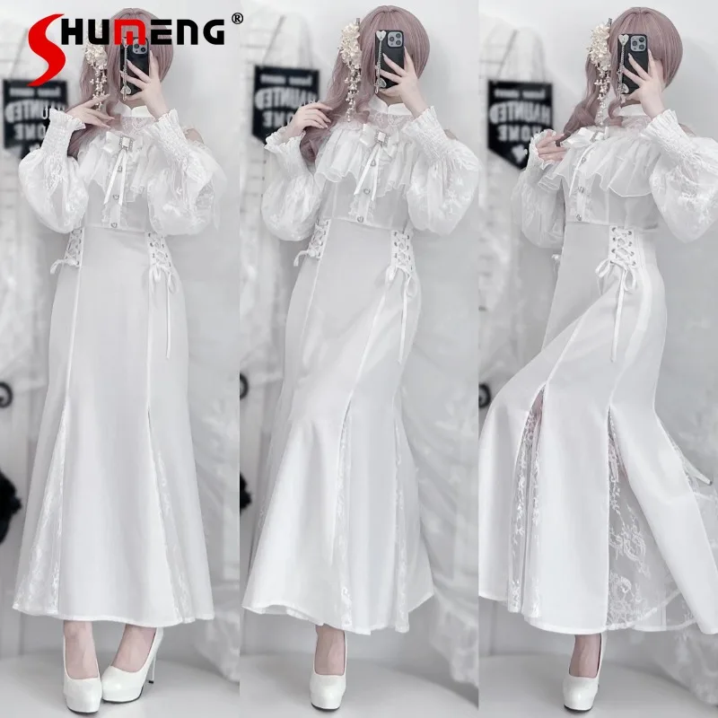 

Mass Production Clear Japanese Elegant Temperament Dresses Off-the-shoulder Cape Long-sleeved Fishtail Long Gauze Dress Ladies