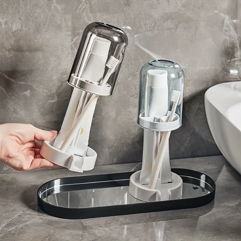 Toothbrush Holder with Dust Cover, Drainage Design, Plastic Multifunctional Bathroom Toothbrush and Cup Organizer