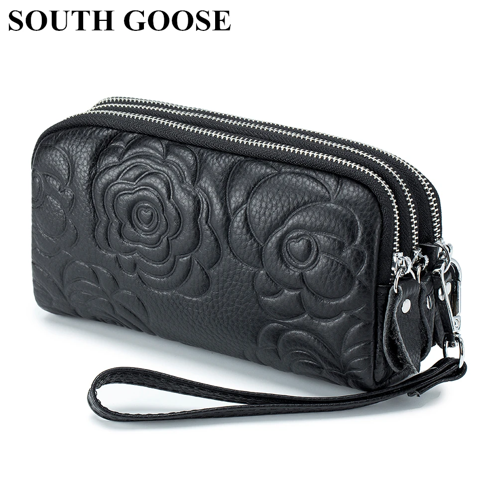 

Fashion Genuine Leather Women Day Clutches Simple Organizer Purse Floral Embossed 3 Layers Zipper Clutch Bags Ladies Phone Pouch