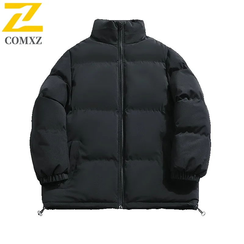 COMXZ 2025 Mens Winter Stand Collar Solid Color Fleece Lined Thick Warm Cotton Jacket Unisex Casual Coat Long sleeve windbreaker