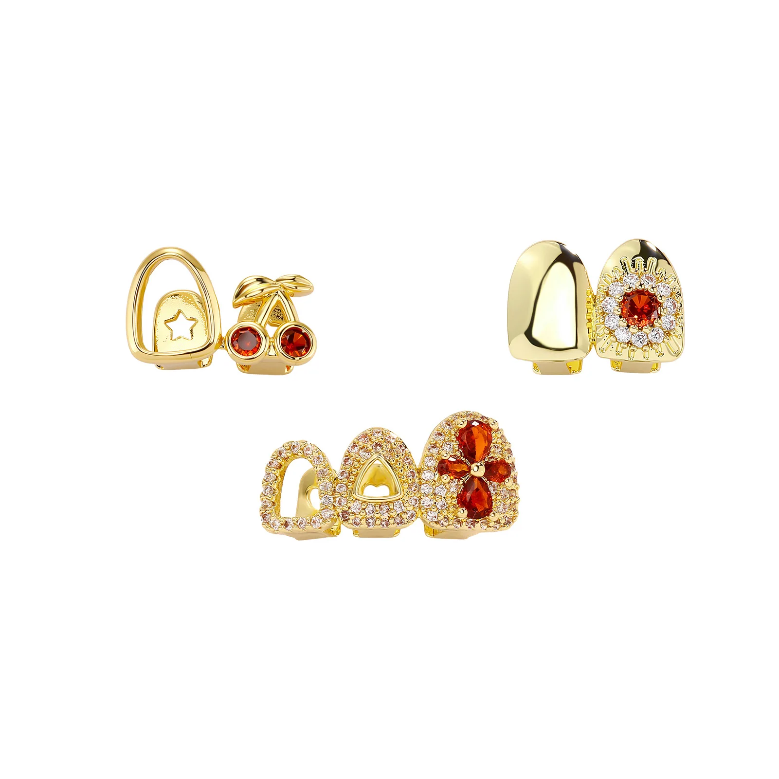 Factory Direct Vintage Colorful Gemstone Teeth Grillz Gold Multi Designs Hip Hop Rapper Party Mouth Jewelry Bulk Wholesale