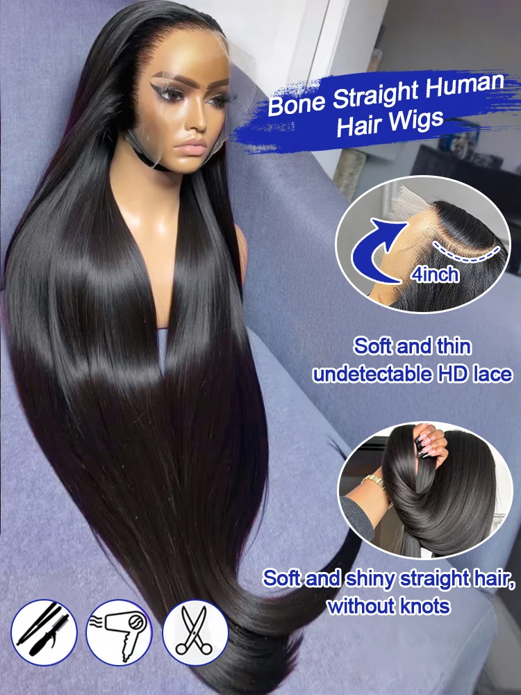Peruca de Cabelo Humano Liso Sedoso Longo Sem Cola com Renda Frontal Completa para Mulheres, Cabelo Humano Virgem Cru Cambojano 13x4 13x6 HD Liso Extremo, Peruca Frontal de Renda Transparente, 40 42 Polegadas, 300 Densidade, Peruca Frontal de Renda HD Liso Sedoso com Linha do Cabelo Pré-Alongada