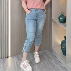 Plus Size Straight Split Jeans Women's Summer New High Waist Stretch Denim Casual Thin Pants