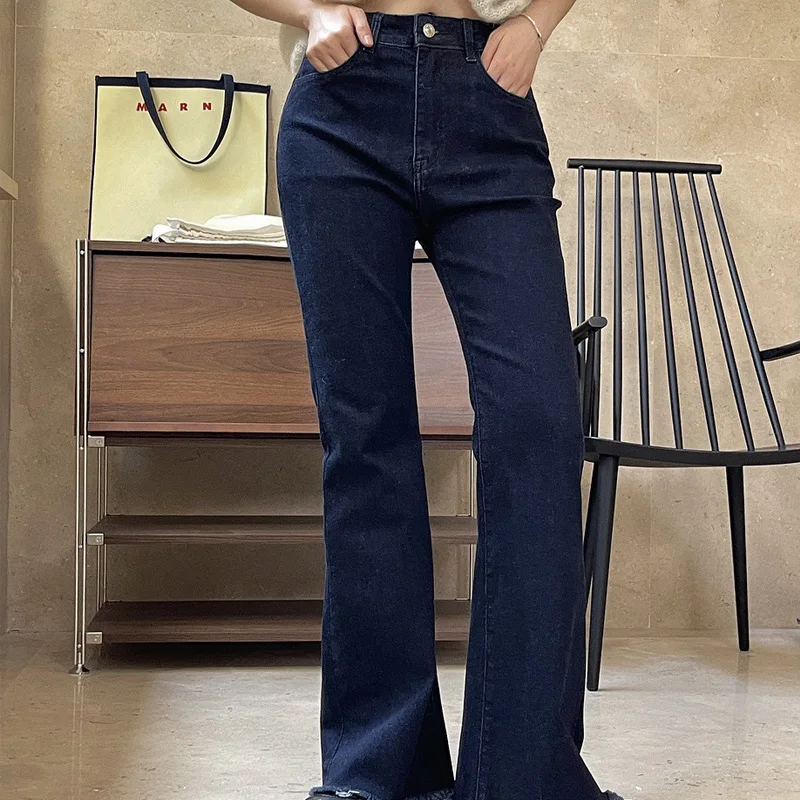 Spring Autumn Women\'s Casual Solid Color High Waist Tassel Decorative Flared Jeans