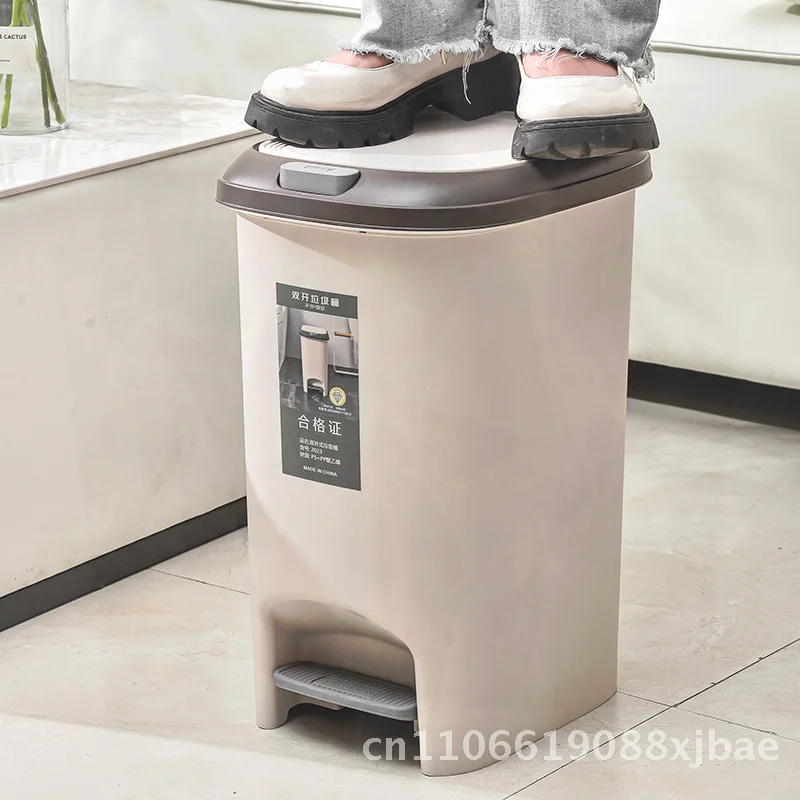 

Large Capacity Trash Bin with Lid Household Kitchen Bathroom Bedroom Silent Foot Pedal Open Gap Storage Barrel Gray Plastic