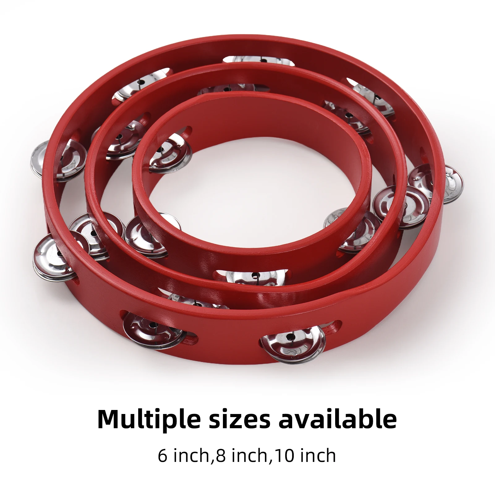 10-inch Tambourine for Adults Pleasant Jingle Sound Red Hand Cranked Bell Rings Wooden Metal Bell Sound Percussion Instruments