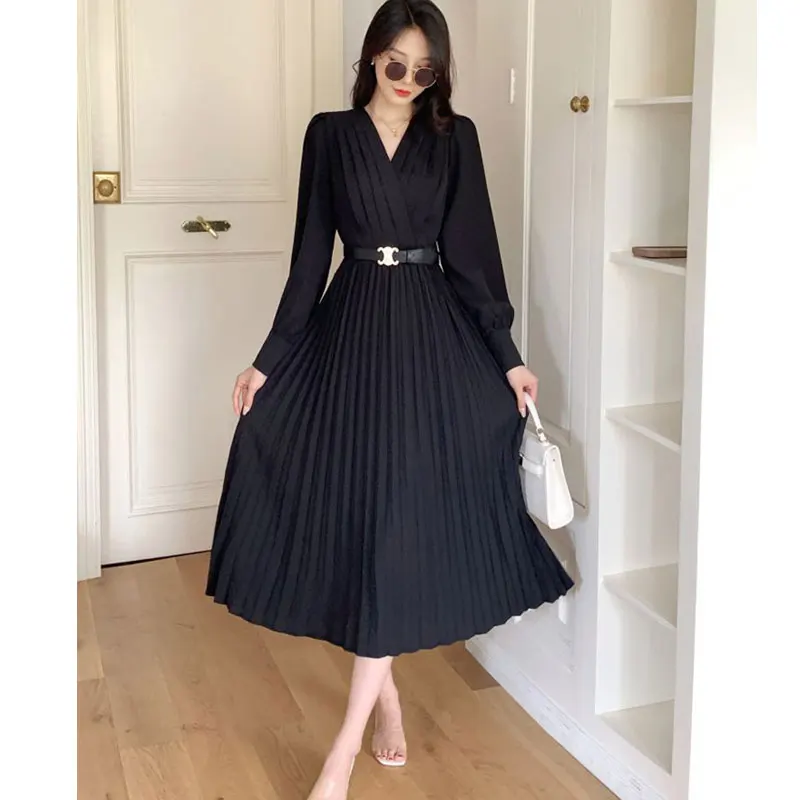 

Autumn Elegant OL Pleated Women Dresses Chic V Neck Long Sleeve Hepburn Office Lady A Line Midi Black Dress Vestido 2023 Korea