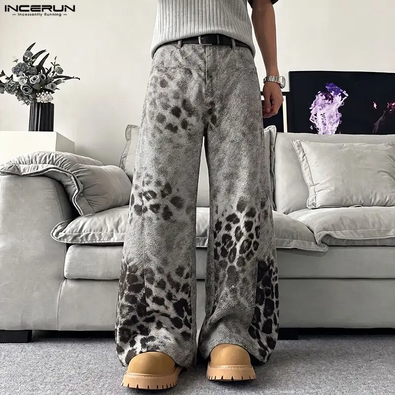 INCERUN Herren-Hose mit weitem Bein, Leopardenmuster, Knopf-Jogginghose für Herren, Streetwear, lockere Mode, Freizeithose, Pantalones