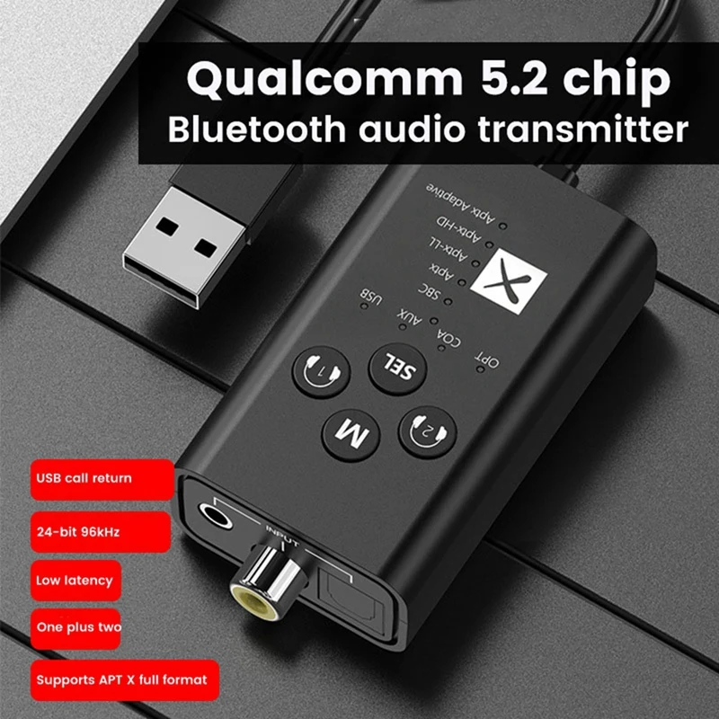 24Bit Bluetooth 5.2 Audio Transmitter Aptx LL HD Adaptive USB 3.5Mm AUX Optical Fiber Coaxial Wireless Adapter