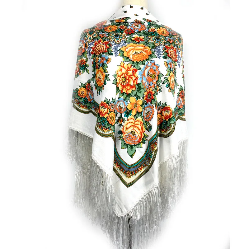 135*135cm Russian Square Scarf Women Luxury Floral Print Bandana Handkerchief Ukrainian Fringed Shawl Babushka Hijab Head Wraps