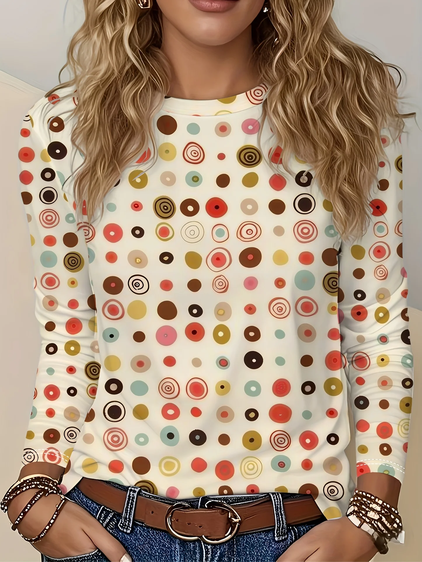 Women T‑Shirt Long Sleeve 3D Retro Colorful Polka Dot Print Tees Casual Street Daily O‑Neck Fashion Basic Top Women's Clothes