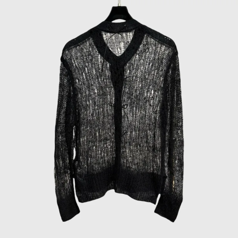 HKSH Damska Moda Punkowa Wiosna Lato Nowa Kolekcja Słodka Kokarda Elegancki Kardigan Cienka Przezroczysta Europejska Koszula Dzianinowa z Motywem Pajęcej Sieci HK4897