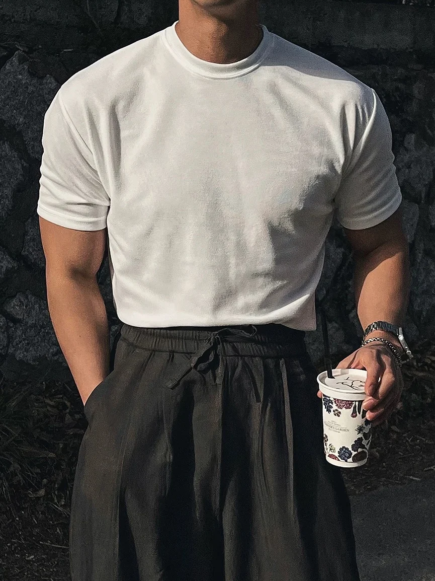 American Style Men's Short Sleeve Knitted T-Shirt Core Spun Yarn Breathable Slim Fit Shoulder Correcting Sleeve Cuff Cool Fee...