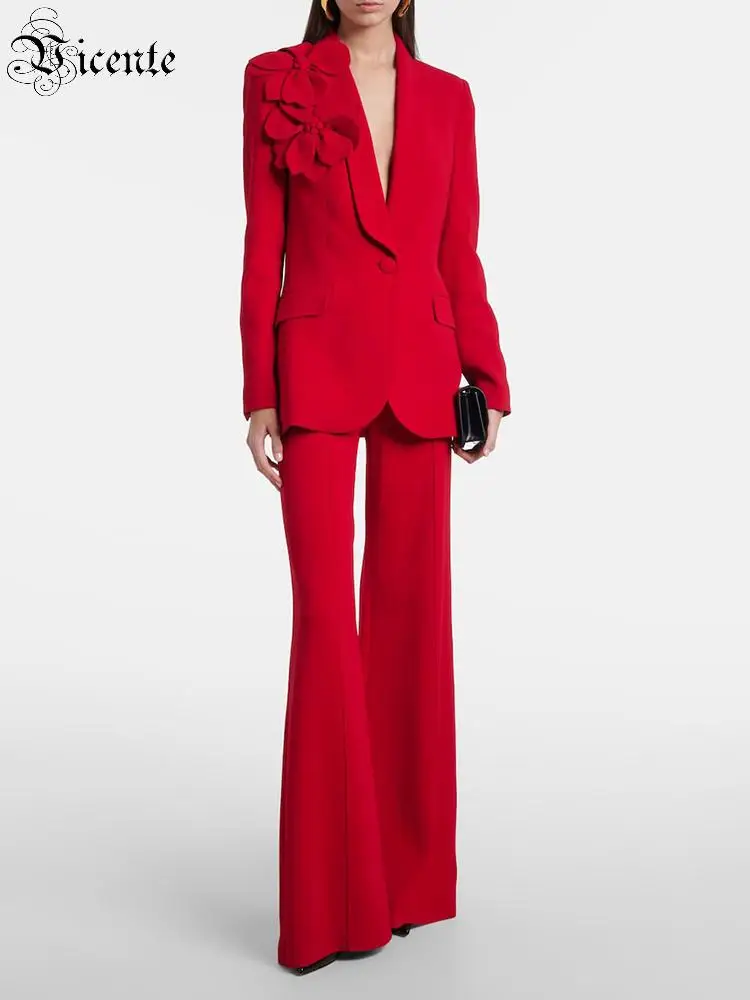 VC Red Blazer Pant Suit Set 3D Flower Elegant Two Piece Outfit Deep V Neck Jacket High Waist Wide Leg Pants Business Suit Set