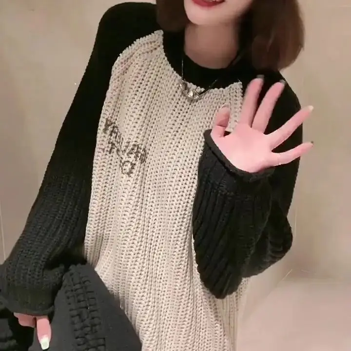 Design Color Matching Hollow Round Neck Long Sleeve Letter Print Patchwork Ribbed Basic T-Shirt Chic Chain Tees Female Casual