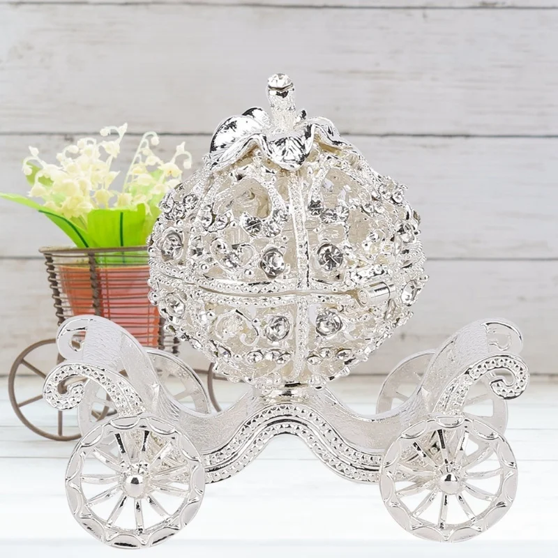 E2 Rhinestone Decorated Pumpkin Carriage Jewelry Box Storage Metal Crafts Gift Tabletop Decoration Office Pumpkin Car Ornaments