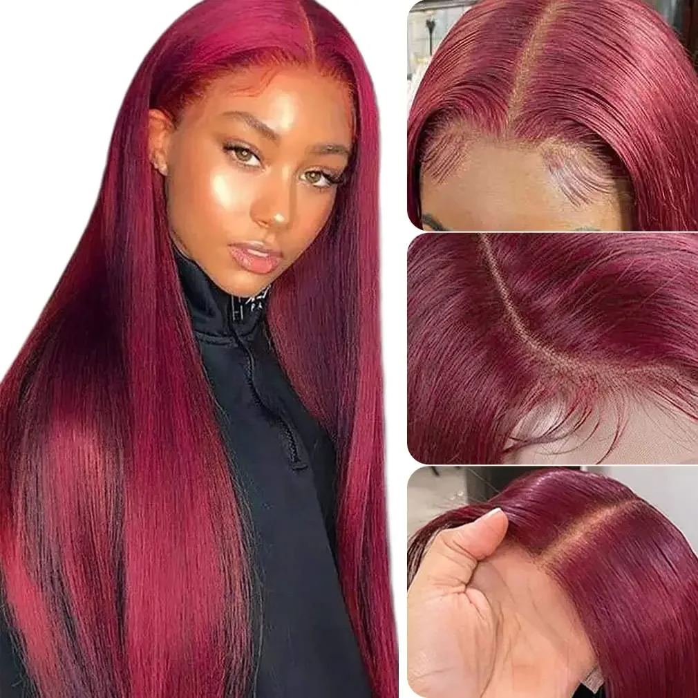 200 Density 99j Burgundy 13x4 13x6 Full Frontal Lace Preplucked Colored Straight Frontal Wig HD Transparent Lace Human Hair Wigs