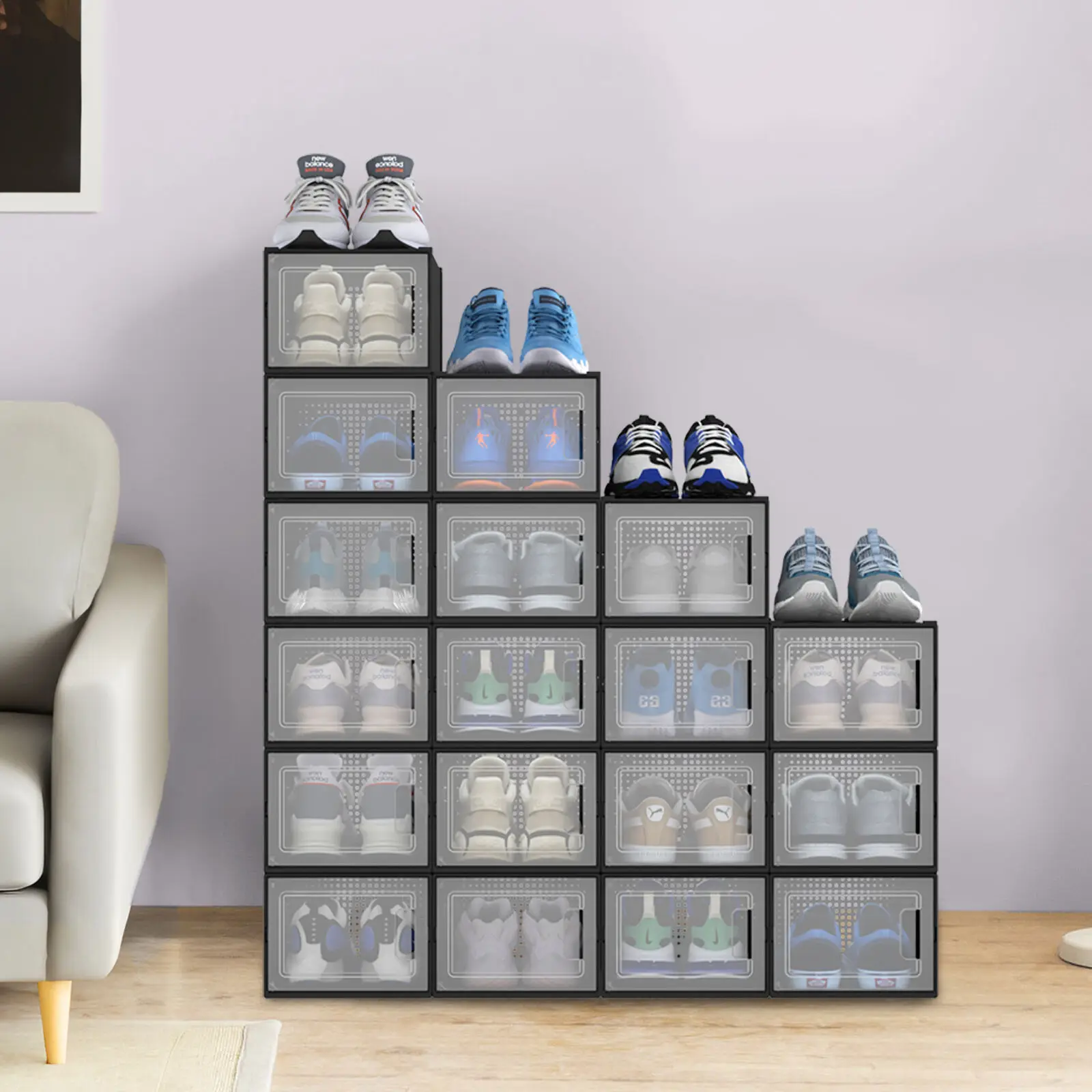 

18 Pack Shoe Storage Box Stackable Sneaker Plastic Organizers Medium Black