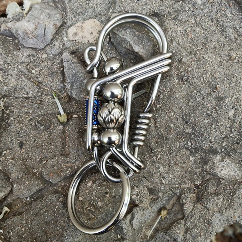 Stainless Steel Handicraft Key Ring Engraved Blue Flowers Pendant Buckle Matte Bead Trinket Car Keyring Lovers Gift Decoration