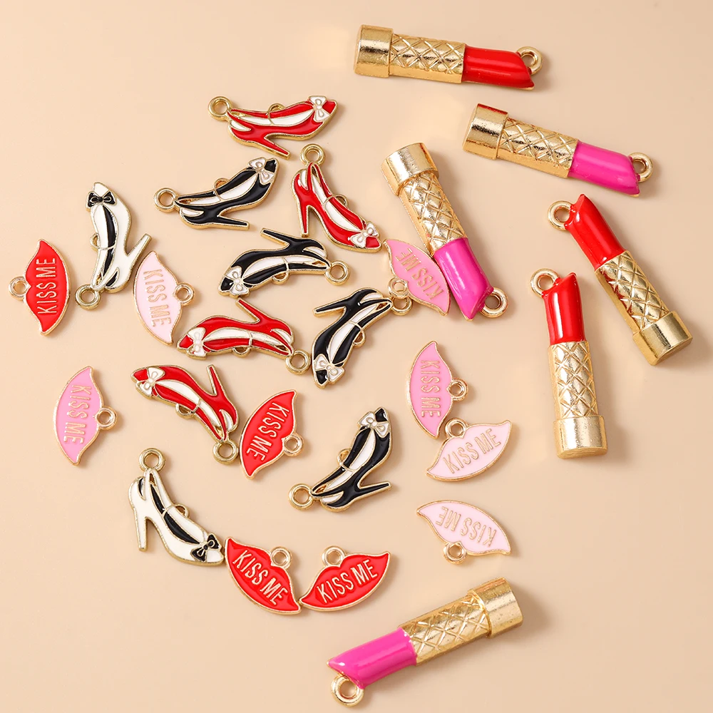 10pcs Cute Enamel Red Lips High Heels Lipstick Charms Pendants for Jewelry Making Necklaces Earrings Bracelet DIY Craft Supplies