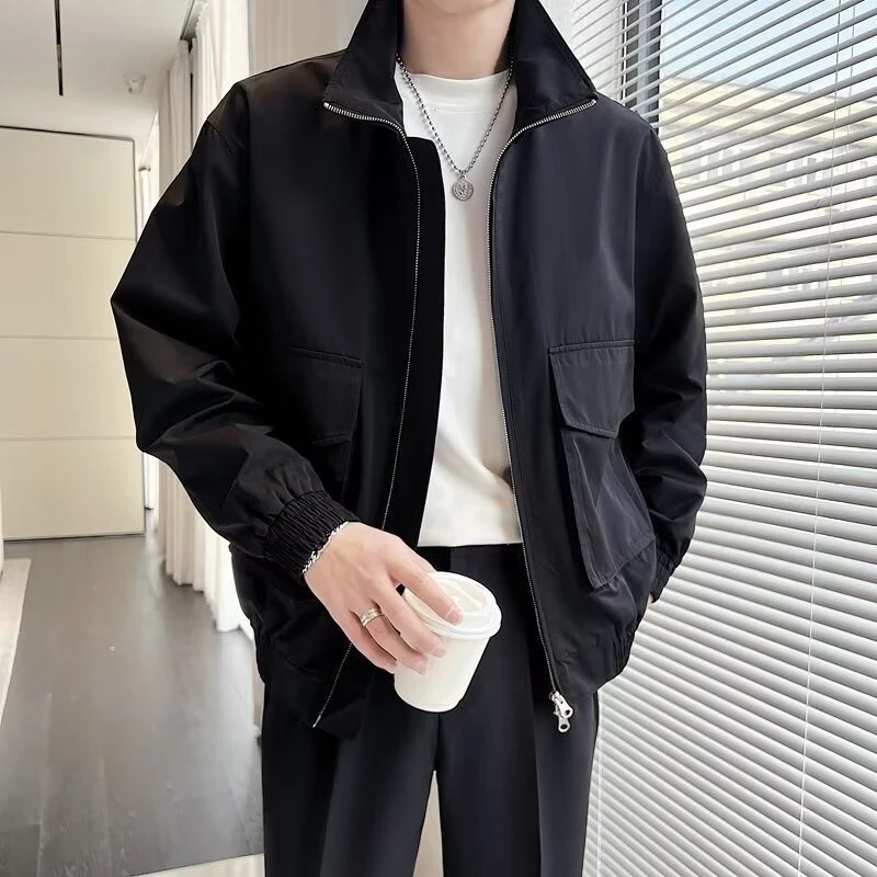 

Vintage Y2K SlimLapel Jacket Mens Fall Long Sleeve Zip-up Fashionable Outerwear Men Stylish Solid Color Coat Jackets