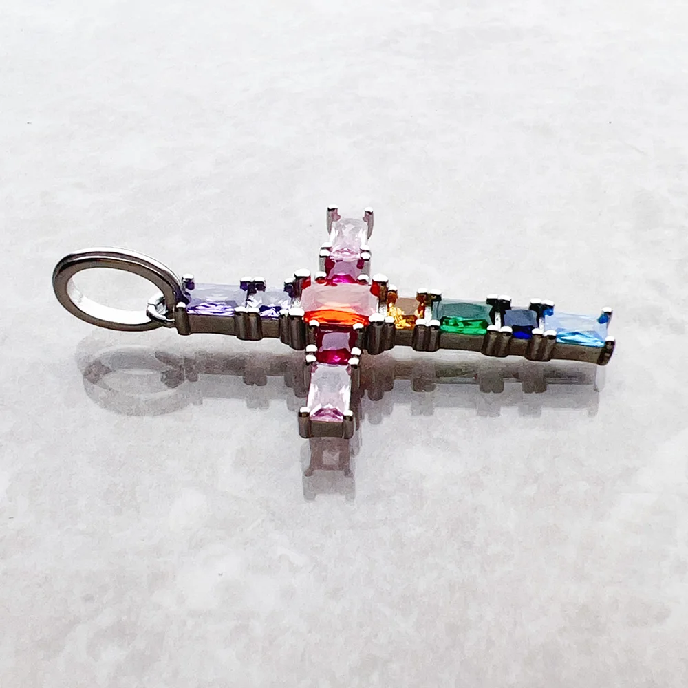 Pendant Cross with Colourful Stones Brand New Fine Jewelry Europe Style 925 Sterling Silver Accessories Bohemia Gift For Women