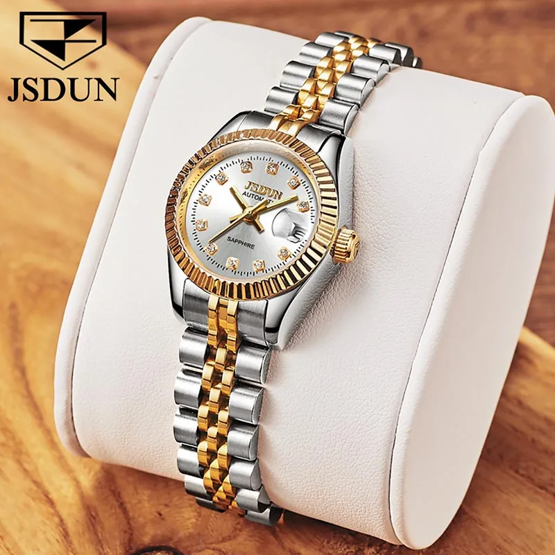 JSDUN Brand Women Watch Fashion Simple Automatic Mechanical Watch Calendar Display Waterproof Clock High Quality Womens Watches