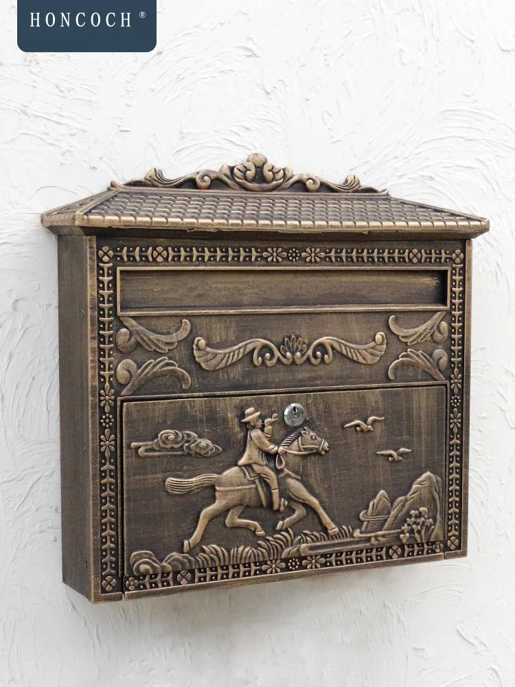 Cast Aluminum Wall Mounted Mailbox,Rustic Bronze,Refined Old-Fashioned,Courtyard Villa, Cast Iron Mailbox,Pastoral Retro Mailbox