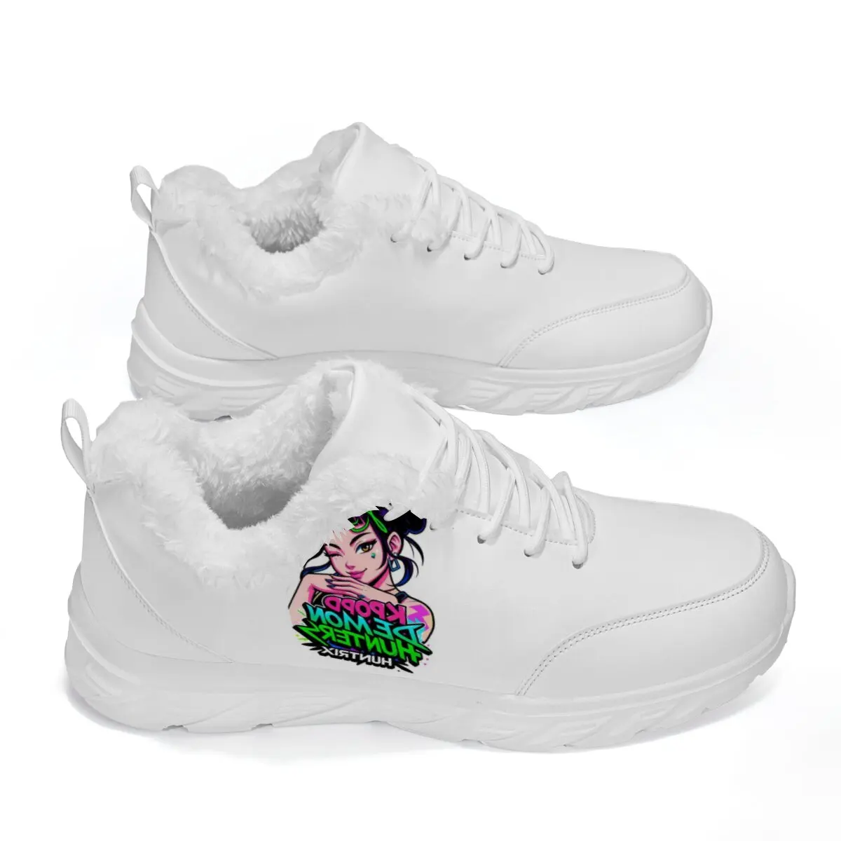 أزياء النساء الفراء الشقق الأبيض فروي اصطف Kpop المعبود الصيادين جيني الجرافيك أحذية رياضية الانزلاق على السيدات الراحة الدافئة أفخم المتسكعون