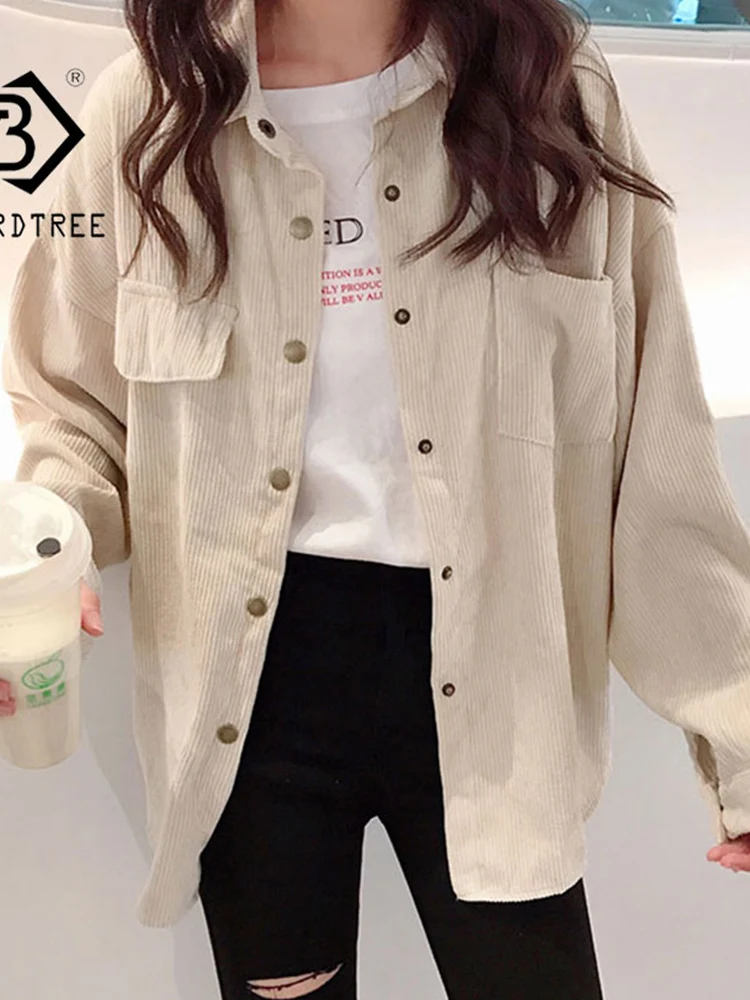 Corduroy Women Shirt Jacket Warm Denim Jeans Loose Korean Female Tops Vintage Casual Long Sleeve Blouses 2022 Spring Outwear