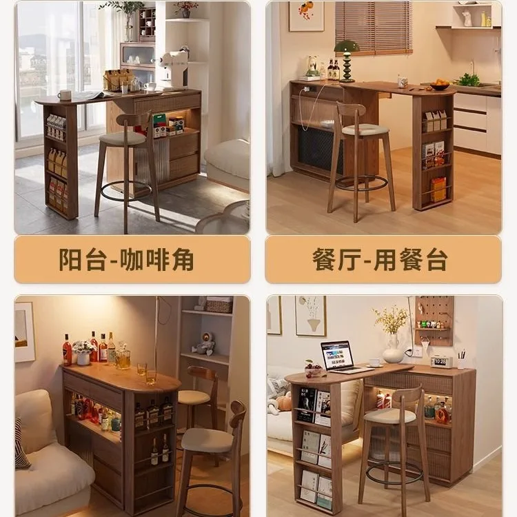 

Solid wood bar table Family living room Telescopic mobile integrated dining side cabinet Corner storage Modern Japanese