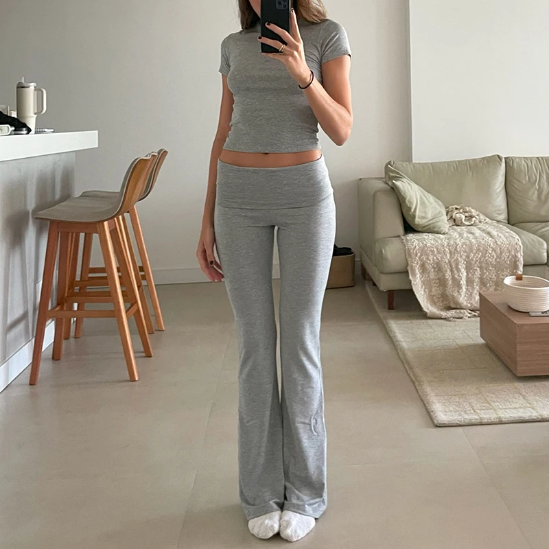 Women Casual Slim Fit 2 Piece Set Short Sleeve Crop Tops + Pants Elegant Matching Suit Vintage Y2K Rib Knitted T-shirt Outfits