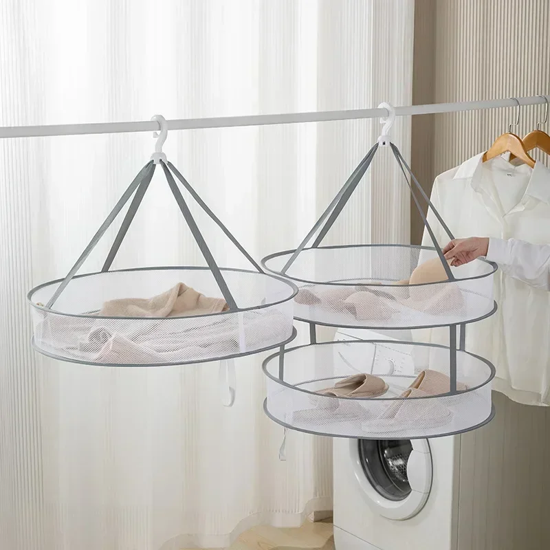 

1/2 Layer Clothes Dryer Basket with Hanging Hook Fine Mesh Polyester Household Towels Foldable Baby Sweater Drying Rack for Home
