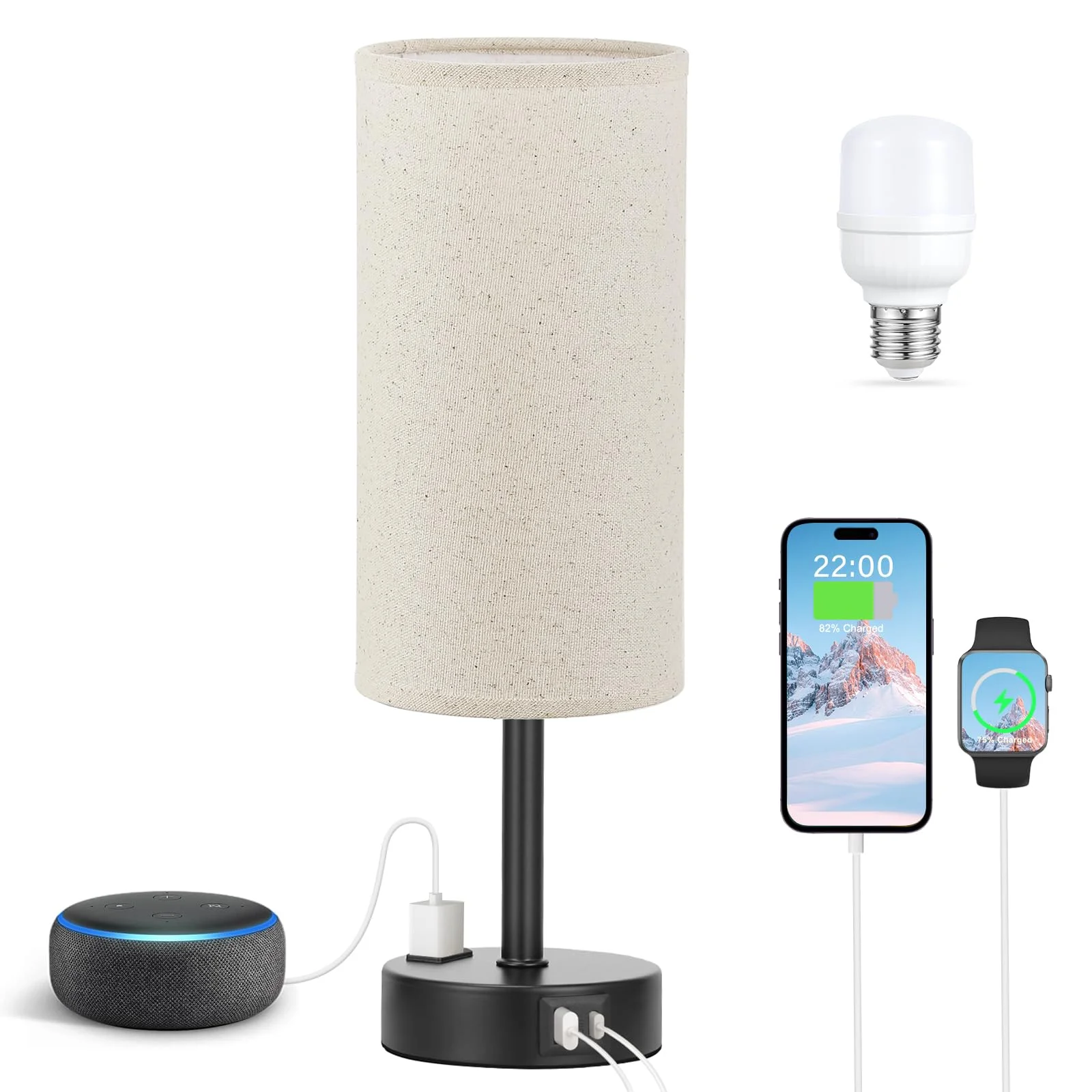 

Touch Table Lamp for Bedroom Dimmable Bedside Lamp with Fabric Shade Black Base for Living Room, Office Desk, LED Bulb Included