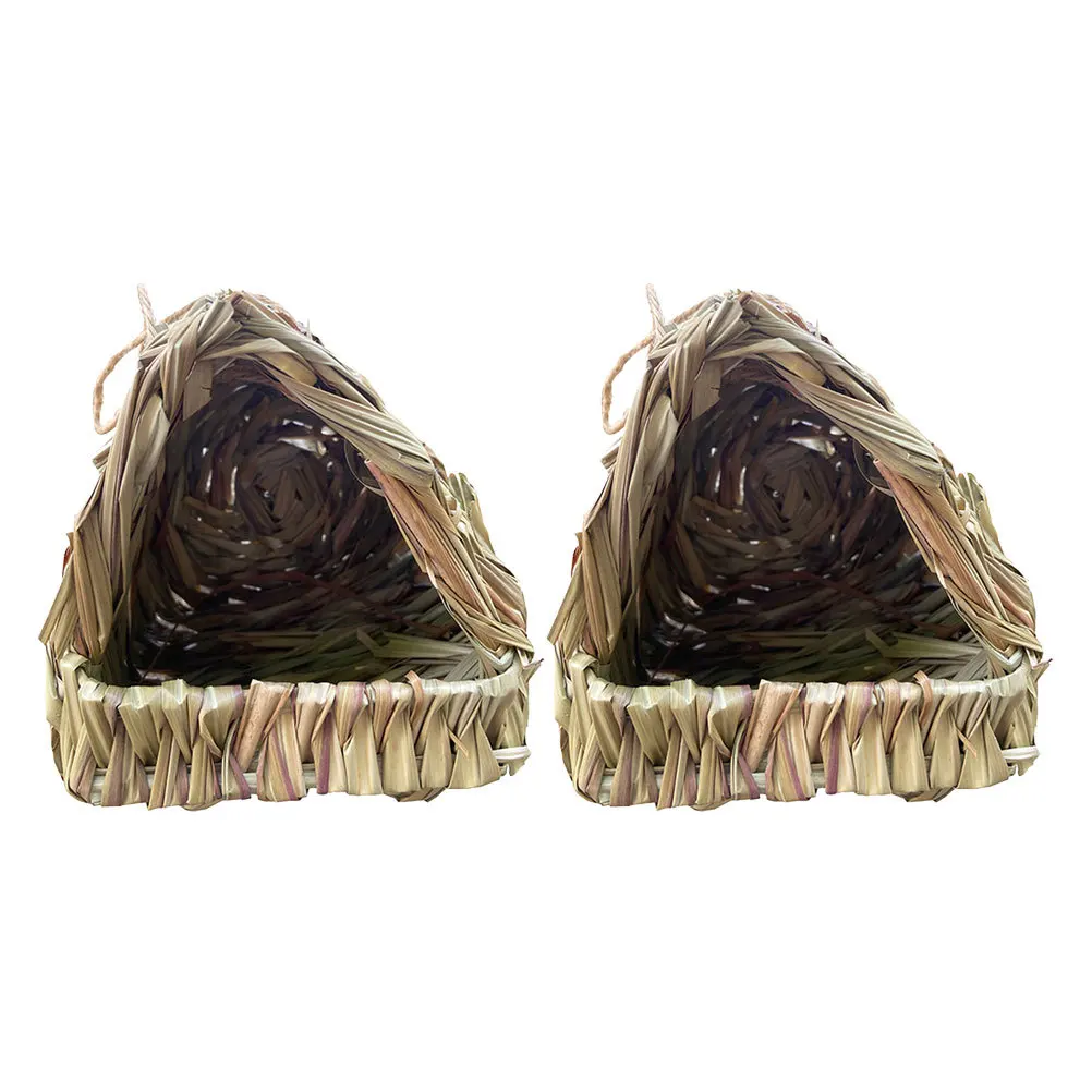 

2Pcs Triangular Grass Bird Nest Hut Handmade Straw Parrot House for Cage Enclosed with Breeding Box for Small