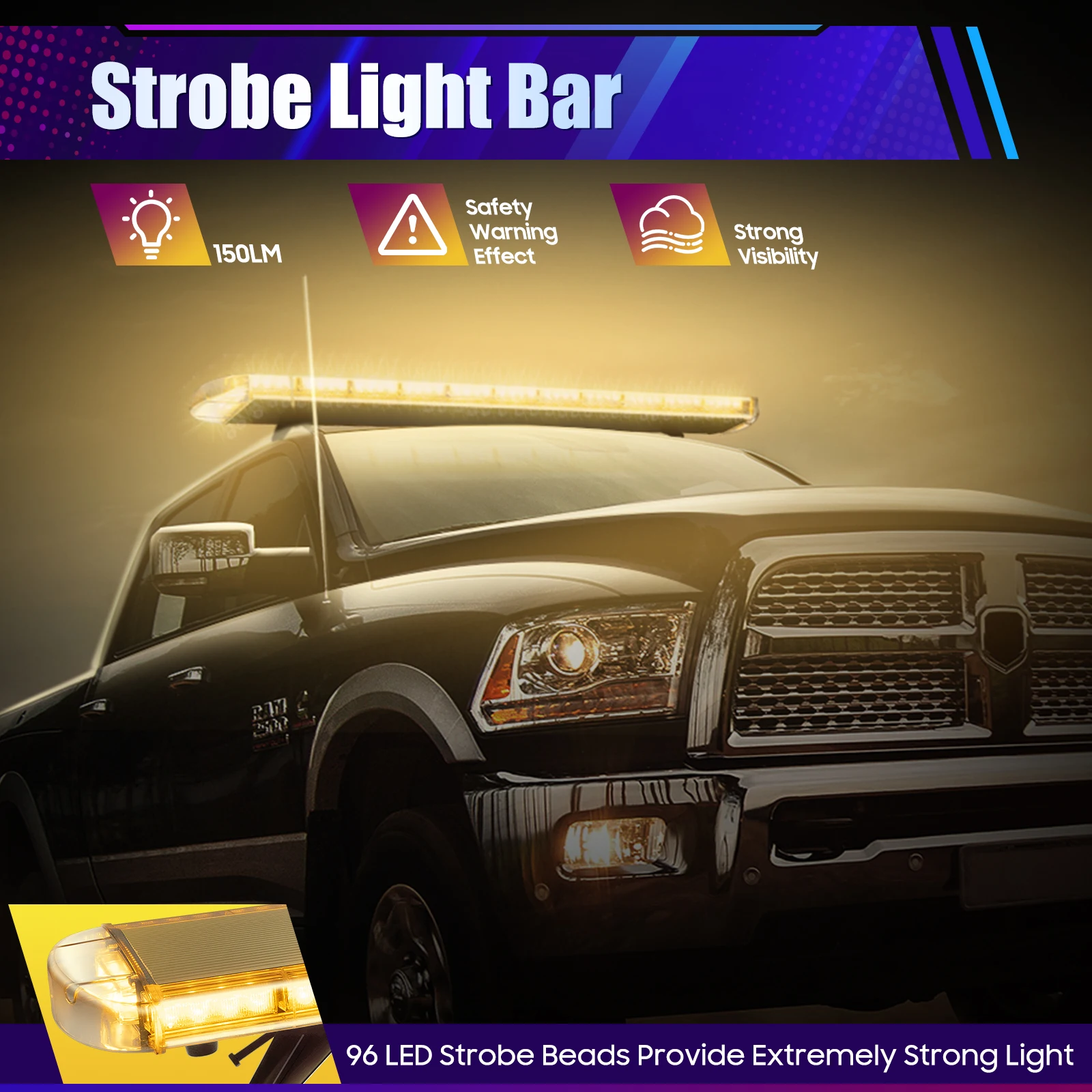 96LED Strip IP65 Flashing Light Yellow Flash,Truck Light System, Strobe Light W/ on/Off Switch for DC 12-24V Universal Car Model