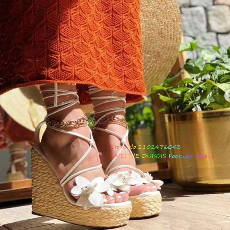 

Open Toe Floral Sandals Women'S Braided Wedge Heel Lace-up Summer Sweet Bloomy Platform Shoes Party Show Vacation Sandals