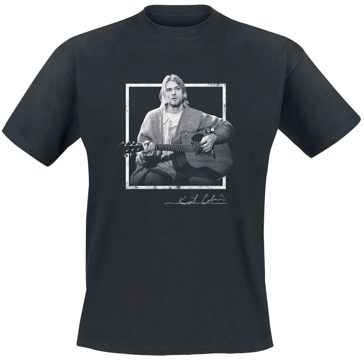 Kurt Cobain Nirvana Gitarrenporträt Signature Print T-Shirt, 100% Baumwolle Unisex, 90er Grunge Rock Streetwear, Fan-Grafik-T-Shirt