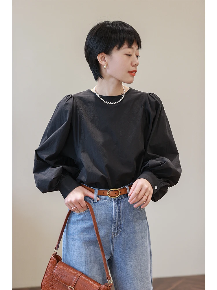 

Ретро-футболка с круглым вырезом и длинными рукавами для женщин, свободного кроя, весна-лето, новая модель, удобная, дышащая, из хлопка