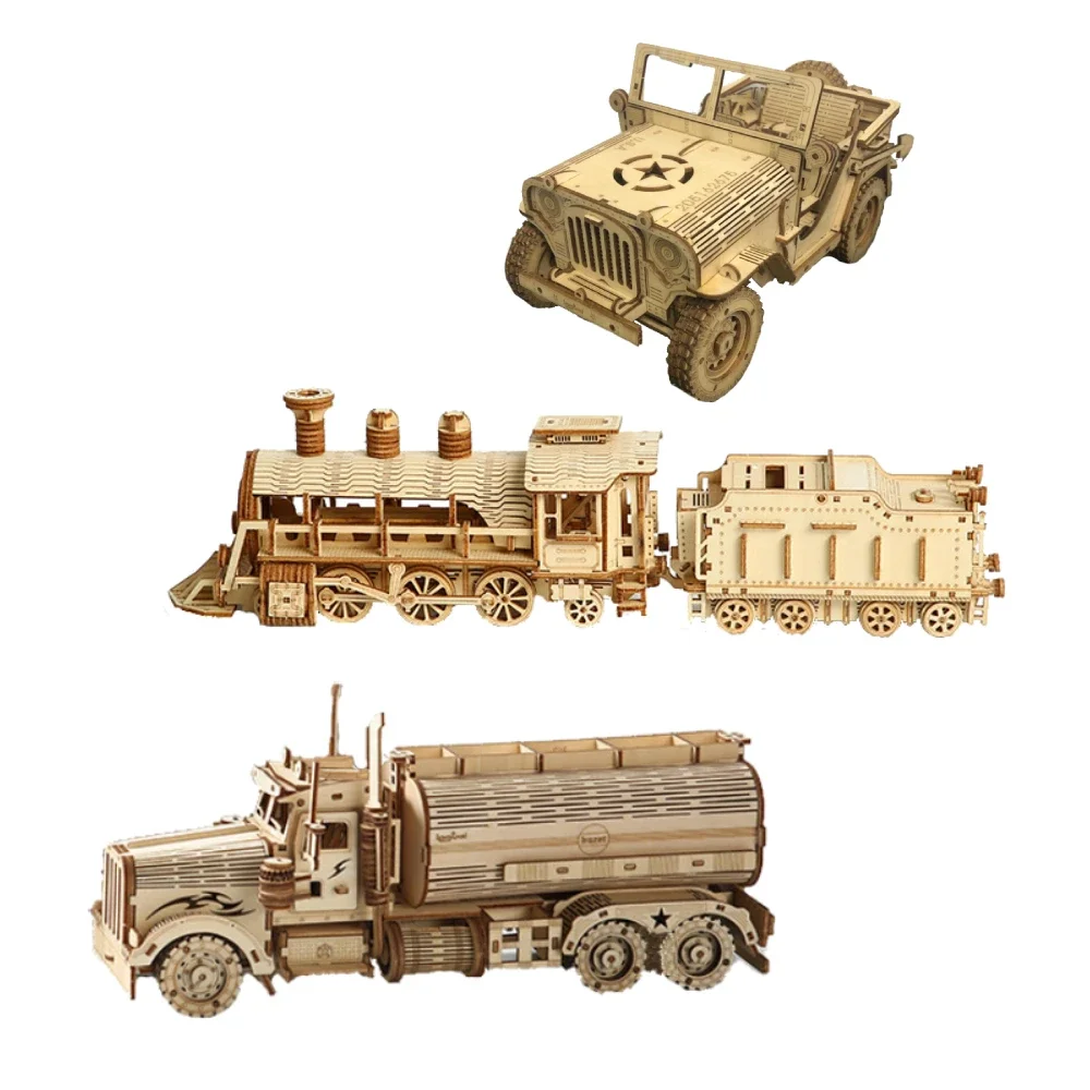 3D Puzzles Movable Classic Steam Train,Car,Jeep,Truck Assemble DIY Toys Gift for Child Adults Wooden Model Building Blocks Kits