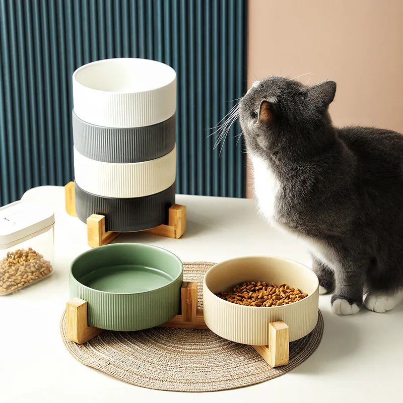 

Pets Cat's Double Food Bowl Protective Cervical Spine Plant Wooden Stand Anti-overturning Ceramic Cat Bowls Feeder Dispenser